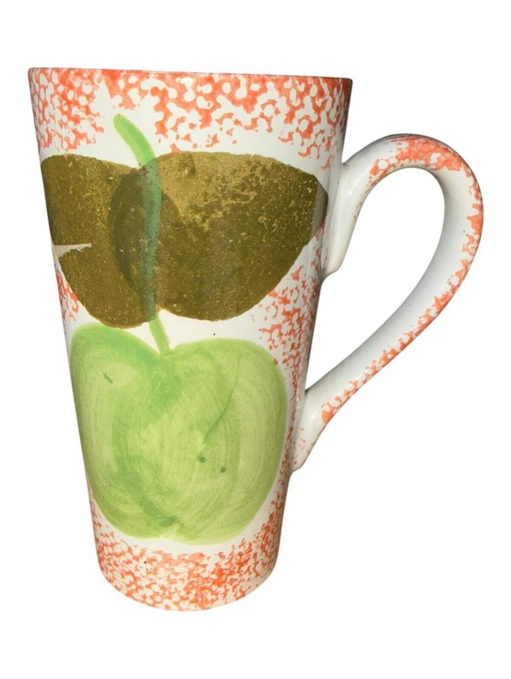 Vintage Gabbay Green Apple Hand Painted Ceramic Coffee Mug Cup White Orange